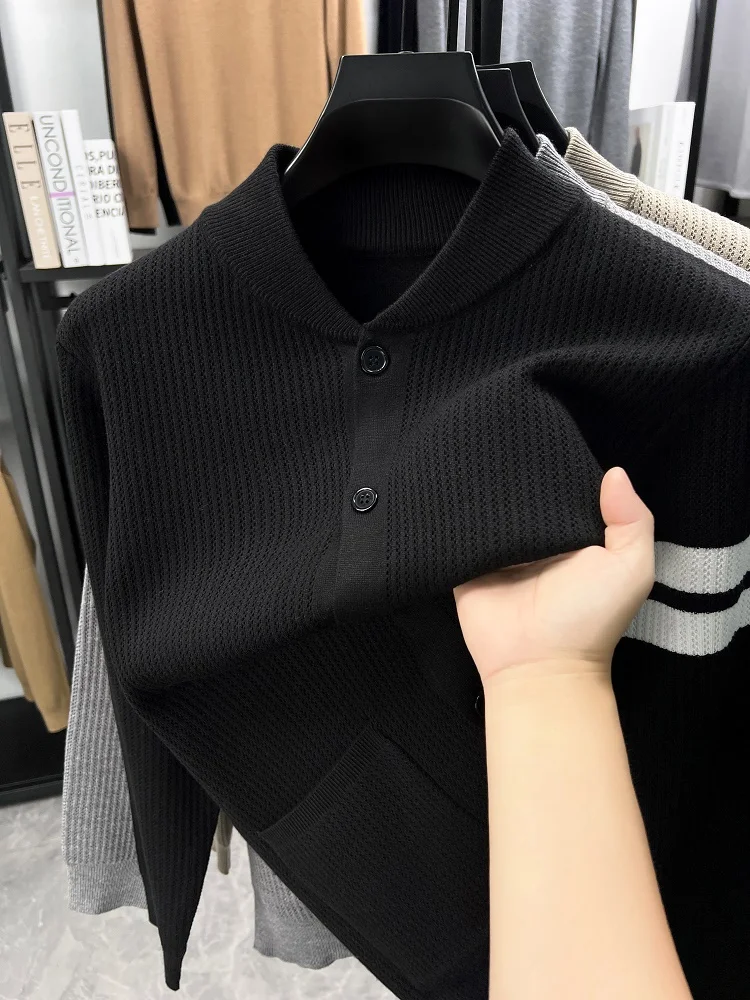 High end brand knitted button sweater cardigan youth fashion double striped comfort simple pocket men's casual round neck coat