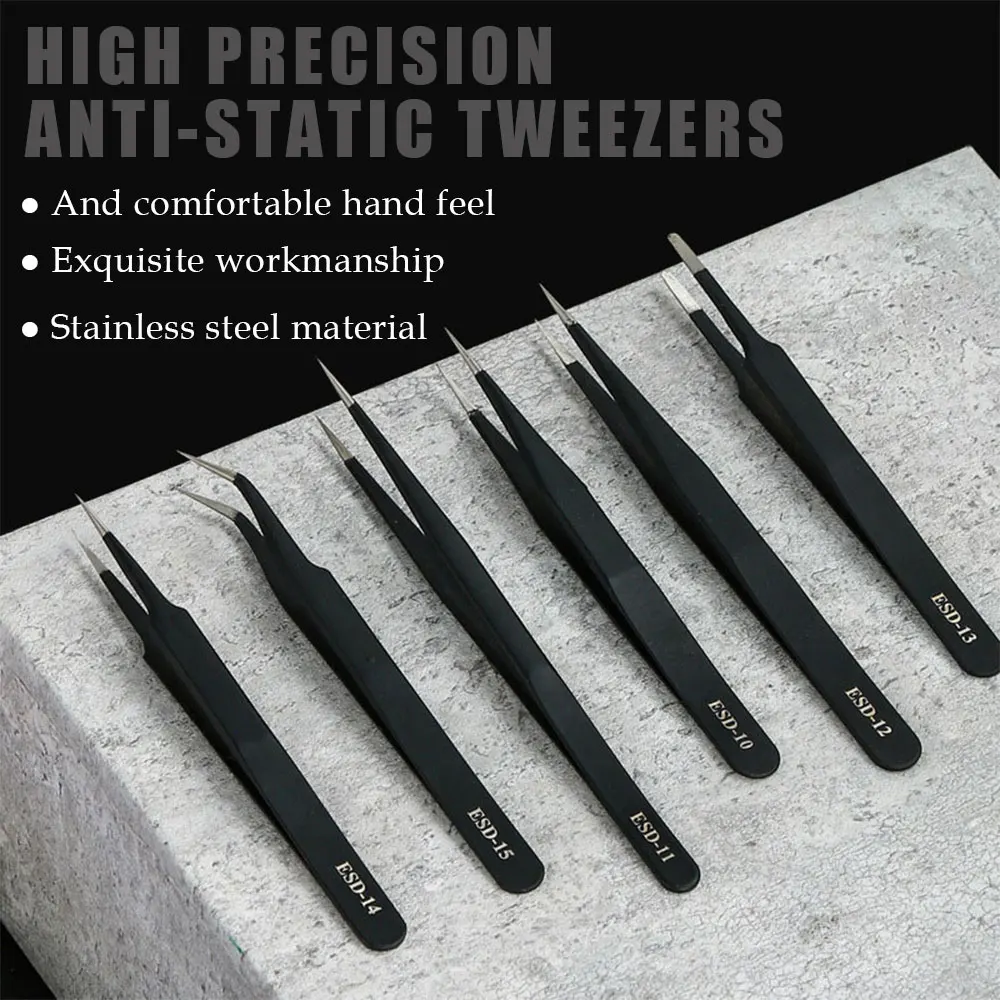 Precision Tweezers 6Pcs Set ESD Stainless Steel Antistatic Industrial Electronic Components Maintenance and Antistatic Pincet