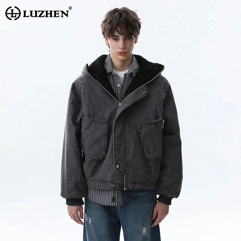 

LUZHEN 2025, новая зимняя куртка-парка с несколькими карманами, украшенная флисовой подкладкой, теплая парка-карго с капюшоном, мужская модная повседневная куртка JY5157