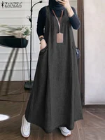 Été automne salopette Robe ZANZEA musulman Maxi Robe d'été Robe Femme Vintage bretelles solide a-ligne Denim bleu robes caftan 2025 3