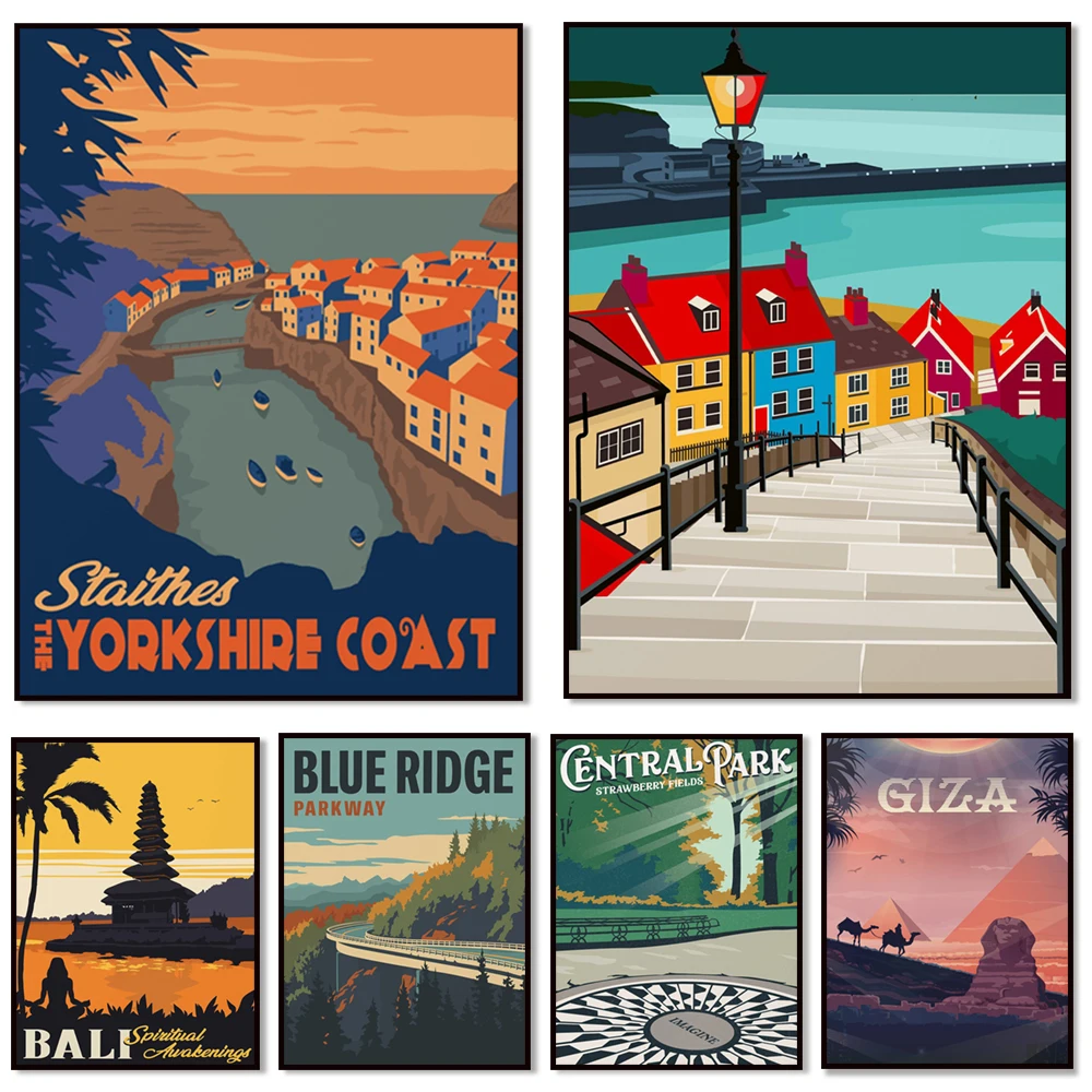 Blue Ridge Parkway, St Ives, Amsterdam, Peak District Bamford Edge, Staithes Yorkshire Coast, Whitby 199 Steps Travel Poster