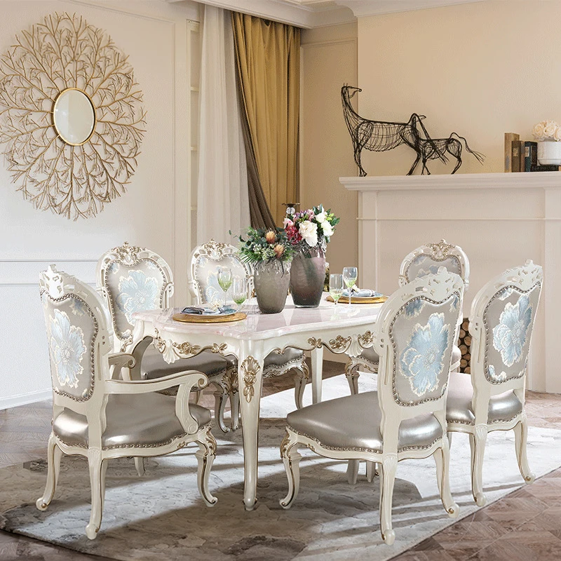 

New aristocratic French solid wood carved long dining table European marble surface luxury high-end dining table and chairs