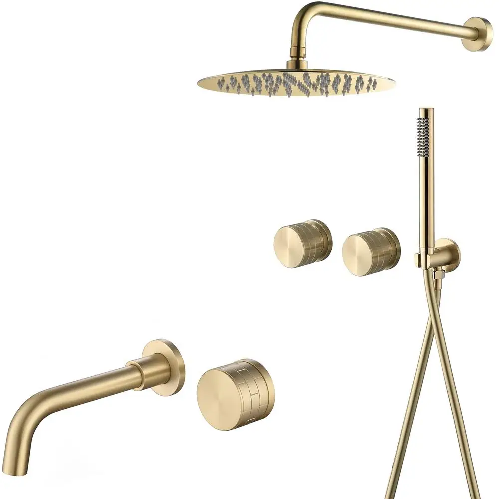 12 Inch Brushed Gold Shower System Brass Bundle Brick-Pattern Round Handle Heavy Duty Luxury Rainfall Handheld Single Wall Mount