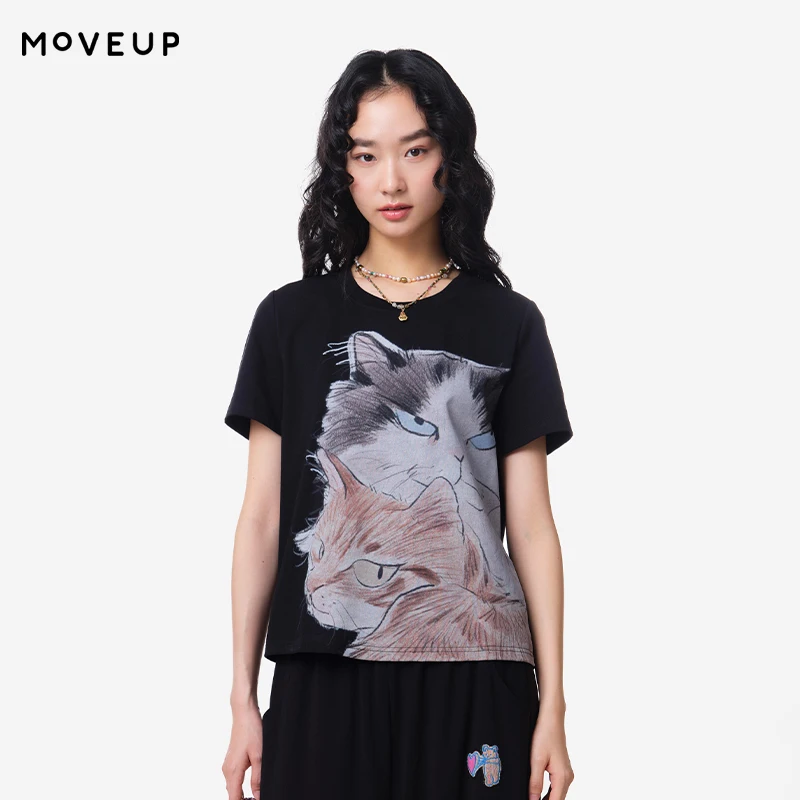 MOVEUP Round Neck Short Sleeved T-Shirt 2026 Summer New Pure Cotton Contrasting Cat Print Office Casual Top For Women 3ELX10526