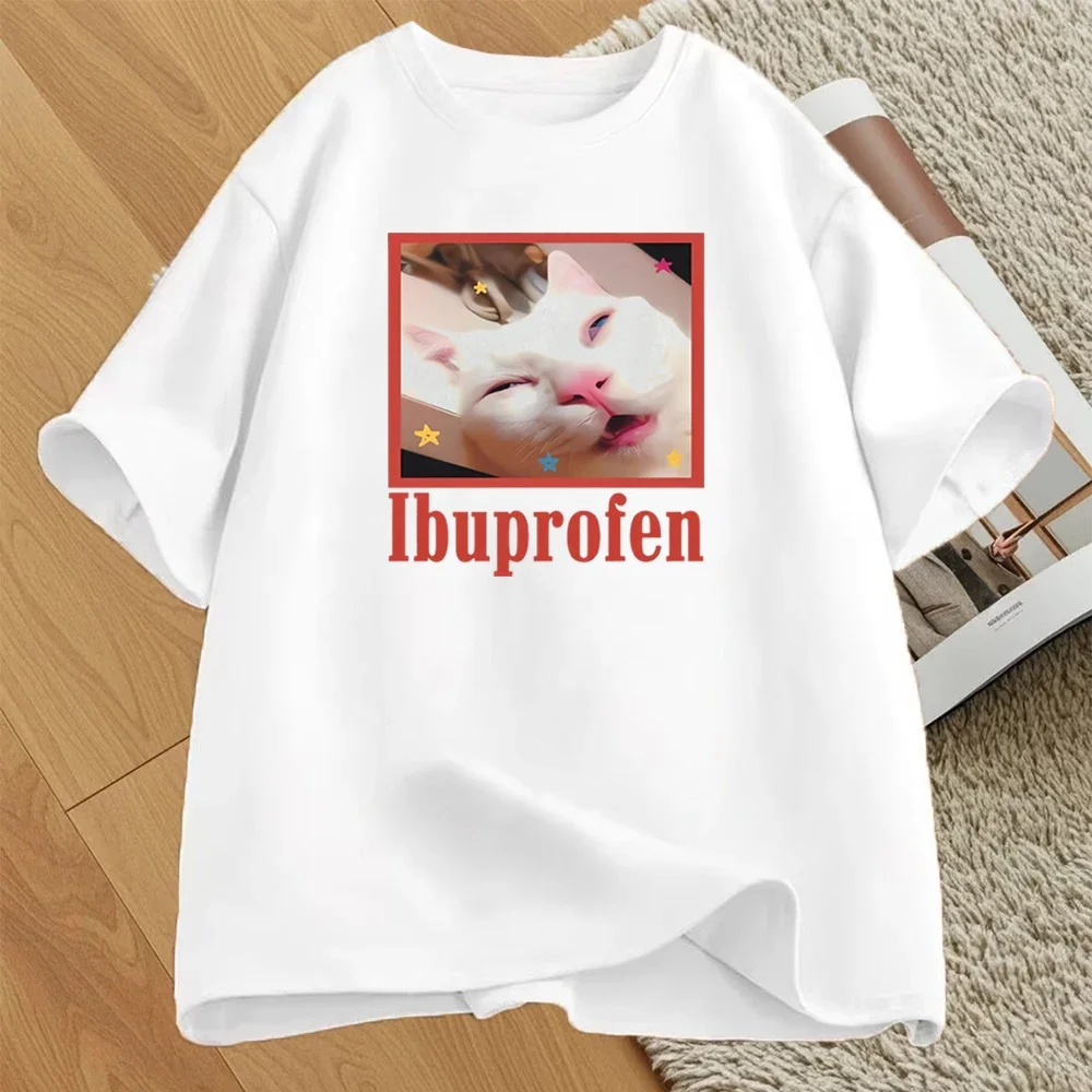 Ibuprofen القط ميمي تي شيرت مطبوع النساء الرجال السببية مضحك القط الجرافيك س الرقبة قصيرة الأكمام قمة الموضة الشارع الشهير التي شيرت للجنسين