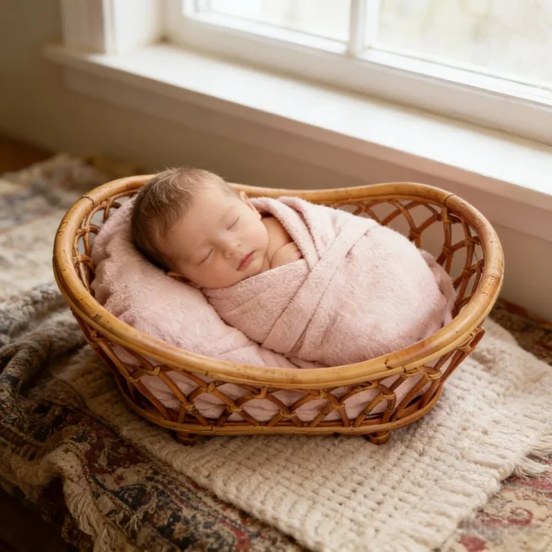 baby Photography Props Retro Rattan Round Basket Chair Baby Boy Girl Gift Posing Bed Studio Photo Shooting Background Accessory