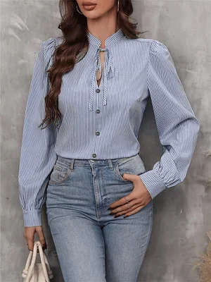 Textured Pleated Blouse Women Stand Collar Tie Neck Long Sleeve Button Front Office Shirt
