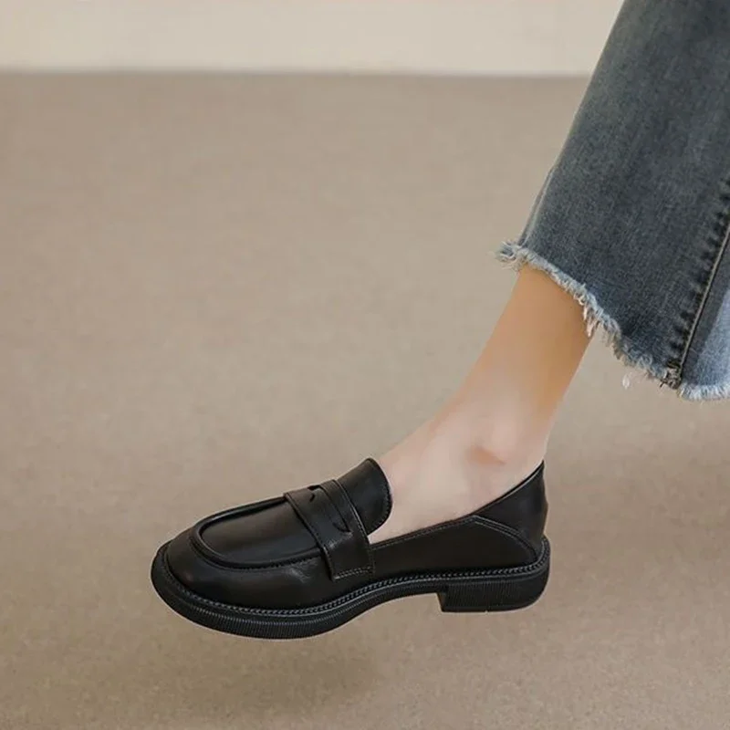 Black Leather Women\'s Loafers Platform Slip on Shoes for Women 2024 Spring British Casual Flats Shoe Woman Low Heels Mary Janes