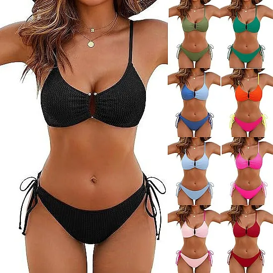 

2026 Multicolor Textured Adjustable Tie Side Push Up Sexy Bikini Padded Swimwear For Women Beach Bathing Suit