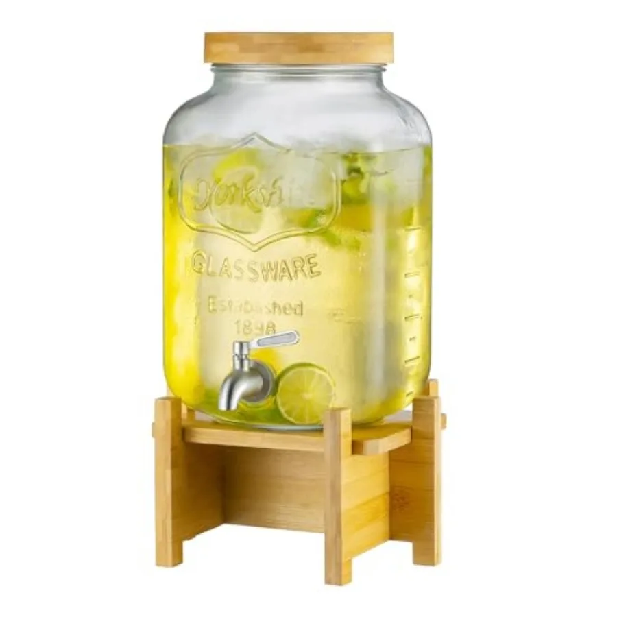 

Drink Dispenser with Wood Stand and Lid, 2 Gallon Glass Beverage Dispenser with Stainless Steel Spigot for Parties, Picnics, Ba