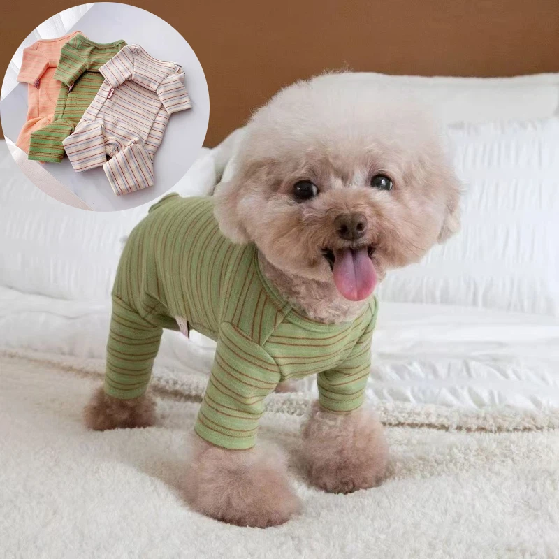 Fall Winter Small Pet Belly-hugging Jumpsuit - Striped Four-legged Warm Base Layer Clothes For Teddy Bichon Yorkie Puppy