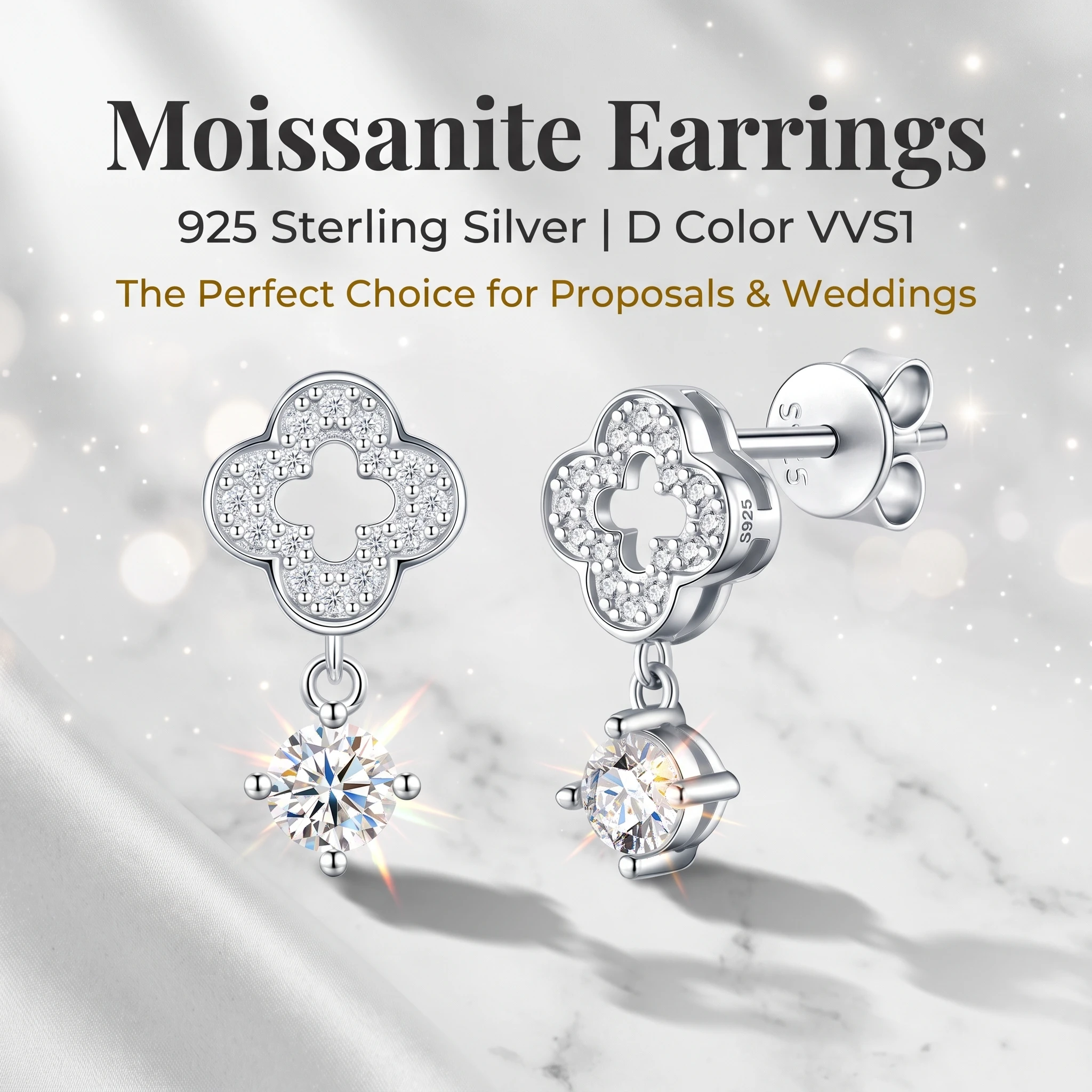 Luxury Halo Marquise Cut Moissanite Four Leaf Clover Stud Earrings S925 Sterling Silver Hypoallergenic Lucky Clover Earrings Wom