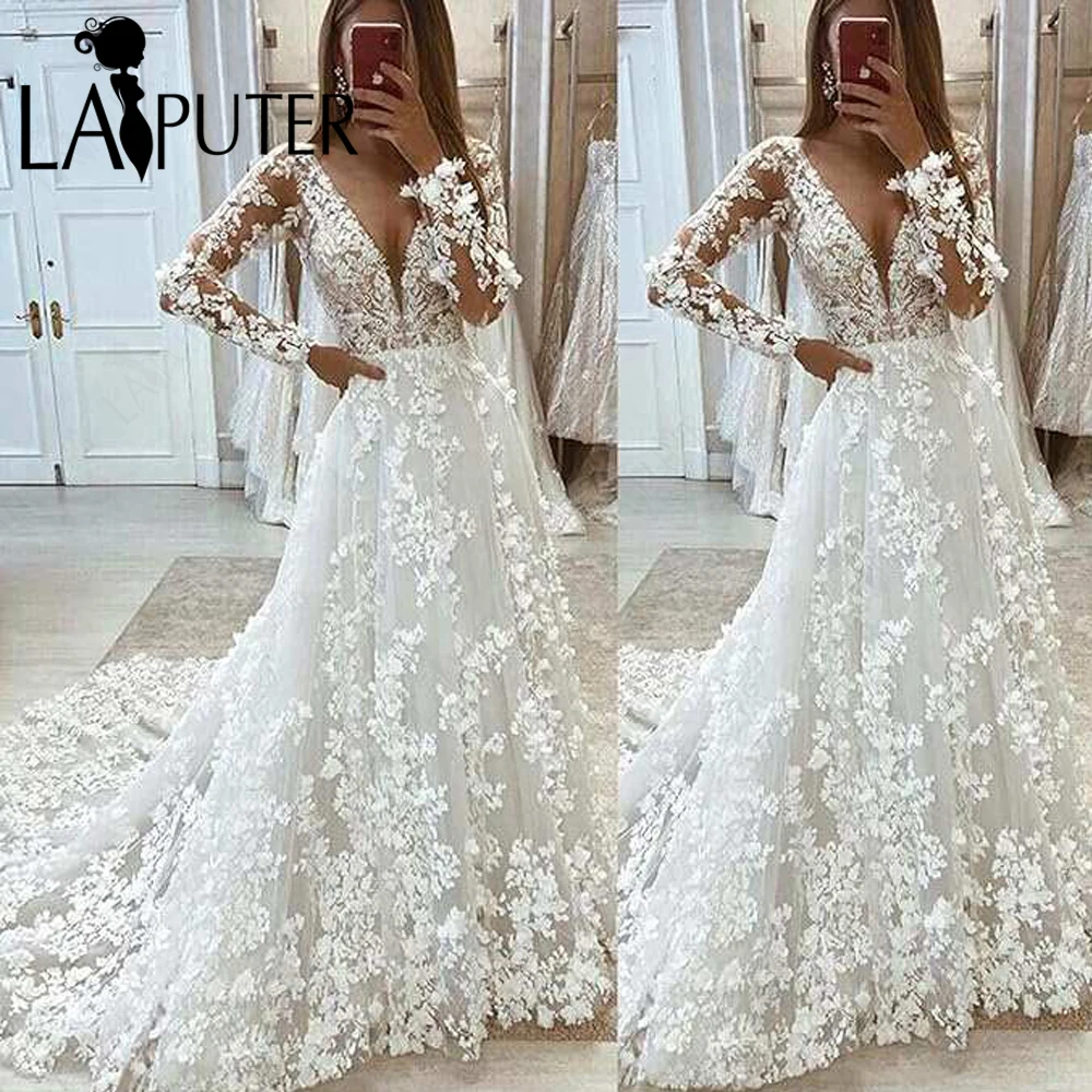 3D Floral Lace Bridal Wedding Dresses V neck Sheer Long Sleeves Tulle A line Long Train Illusion Back Buttons Bride Wedding Gown