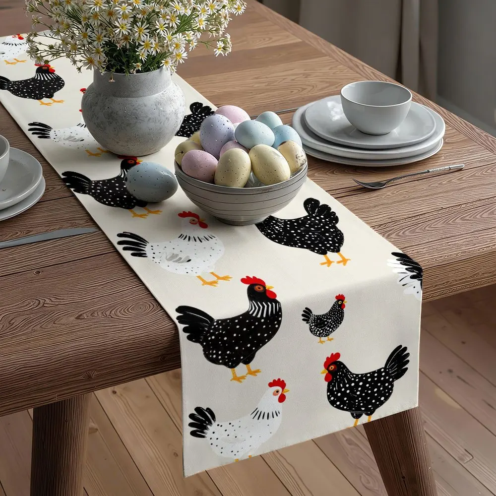 2D Print Black White Red Chicken Farmhouse Table Runner Kitchen Dining Decor Spring Summer Picnic Garden Party Gathering Table O