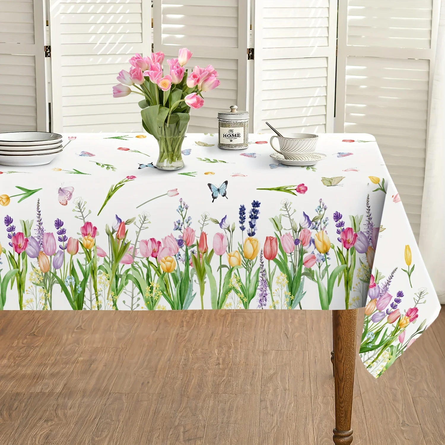 Spring Tulip Lavender Butterfly Rectangle Tablecloth for Table Decor Reusable Kitchen Dining Tablecloth Wedding Party Decor