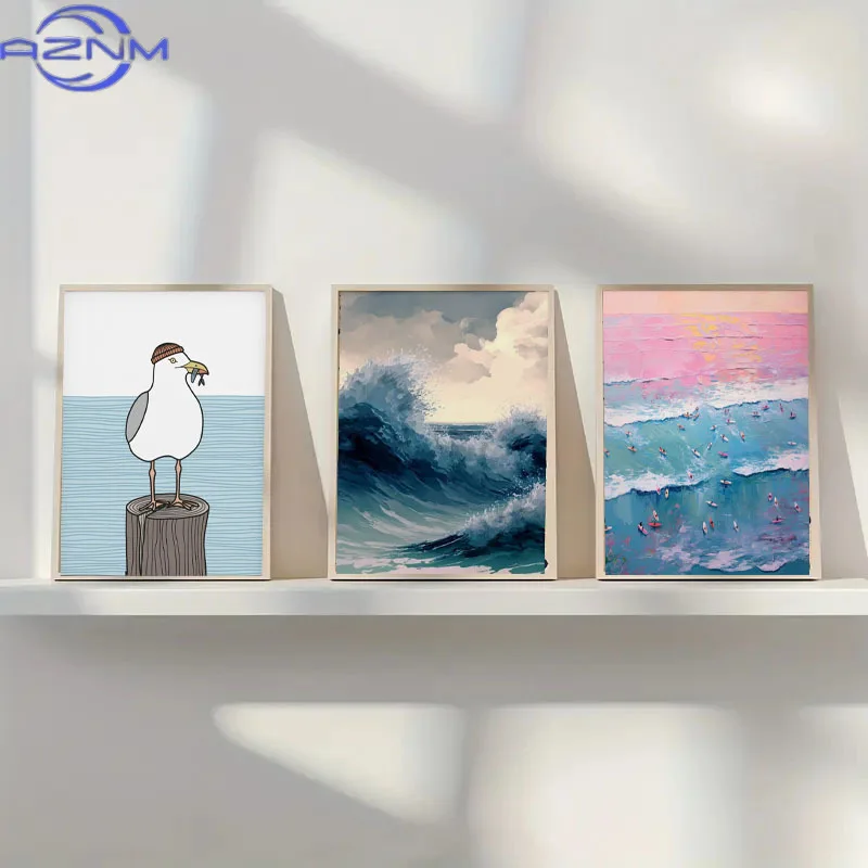 AZNM 1pc Aesthetic Coastal Canvas Wall Art Seaside Beach Birds Fish House Decor Modern Ocean Waves Minimalist Print Vintage Post