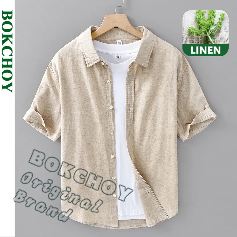 Spring Summer New Breathable Thin Cotton Linen Short Sleeve Shirts for Men Clothing Simple Turn-down Collar Shirts DC206