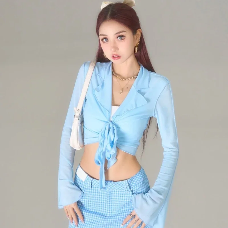 

Ruffles Shirts Women Hotsweet Flare Sleeve Lace-up Summer Ins Sun-proof Slim Ladies Temperament Solid All-match Fashion Ulzzang