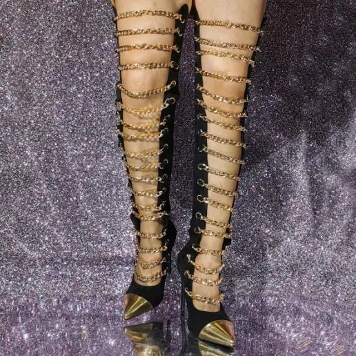 

Black Suede Gold Chains Hollow Pointed Toe Over The Knee Boots Woman Zipper Back High Heel Gladiator Patchwork Thigh Boots