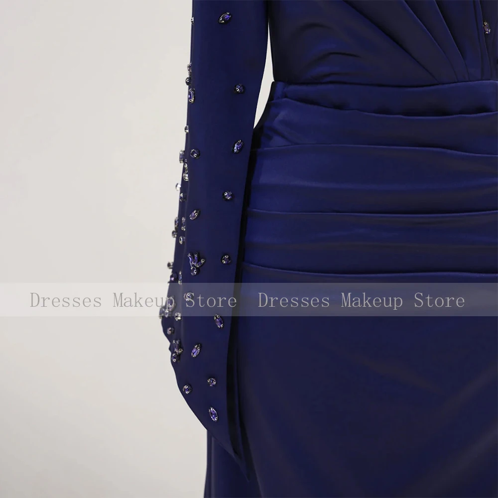 Luxury Wedding Party Dresses Navy Blue Satin High Collar Modest Formal Gowns Crystal Long Sleeves Mermaid Women's Evening Dress image 4