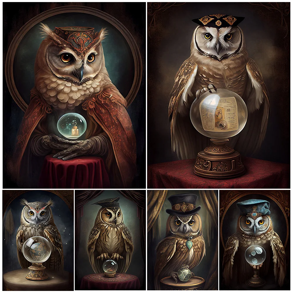 كريستال الكرة بير البومة صورة خمر الرسم على لوحات القماش الجدارية البومة الحيوان معالجات الخيال ملصق فني طباعة ديكور المنزل غير المؤطرة