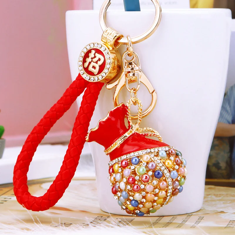 

Creative Rhinestones Red Lucky Money Bag Keychain Trendy Jewelry Fashion Opal Keyring Bag Car Keys Decoration Accessories
