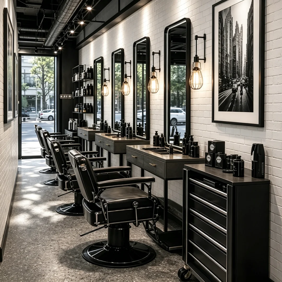 Vintage Men's Grooming Complete Set Design: Black Frame Vertical Mirror Hairdressing Workstation+operation Desk