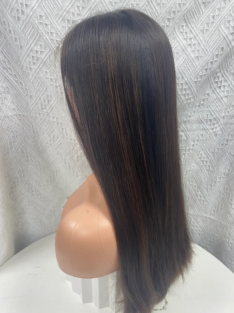 100% Virgin Human Hair HD Lace Wig Invisible Knots Dark Brown Color With Highlights Long Hair Cap Size L Full Volume Jewish Wig