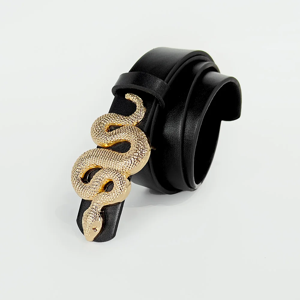 Hot Sale New Fashion Snake Belt Buckle with PU Leather Belt for Women Dress Designer Western Vintage Style Black Belts for Girls