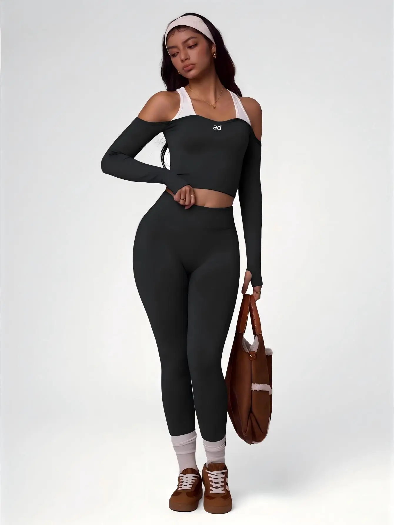 Versatile patchwork contrasting long sleeved yoga suit, women's outdoor quick drying sportswear, tight fitting off shoulder spor