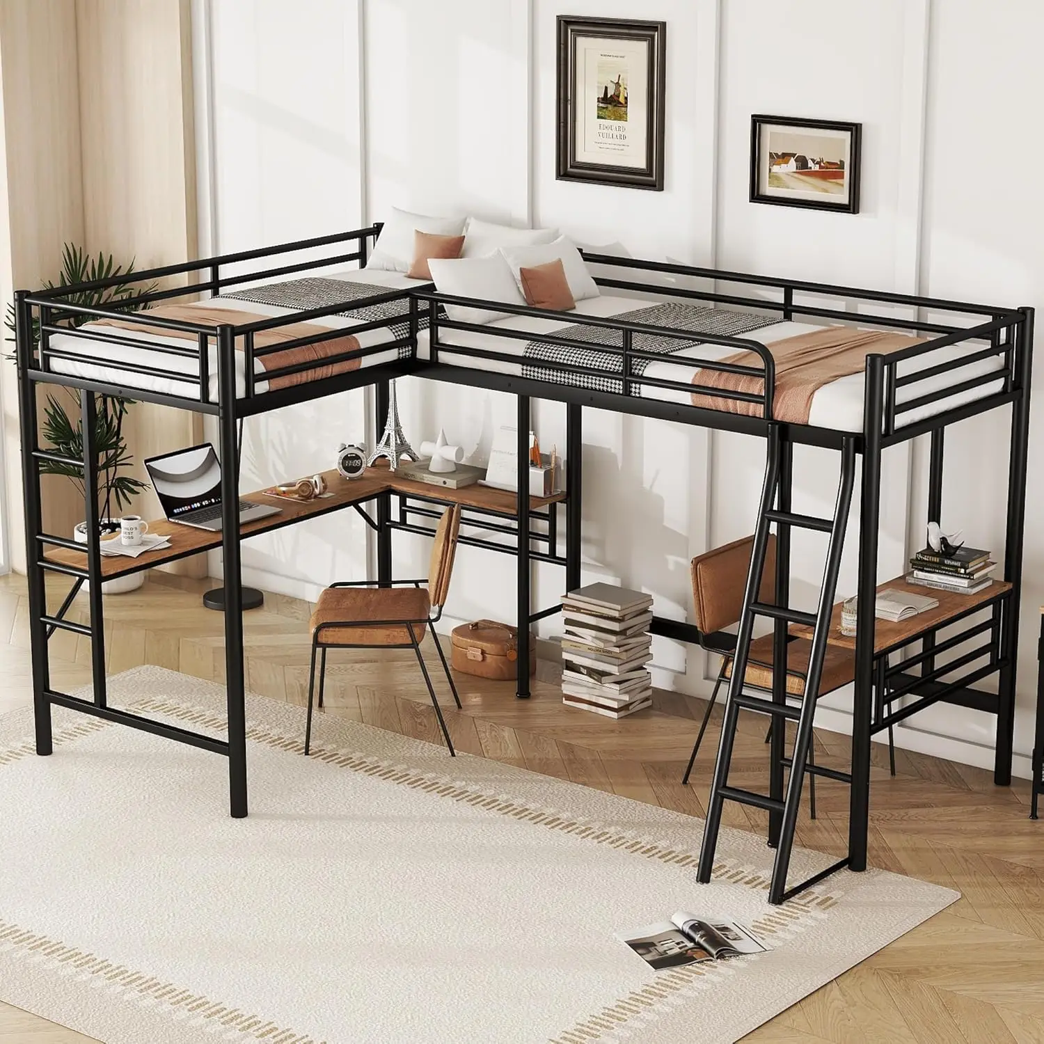 Twin Size L-Shaped Loft Bed with 2 Built-in Desks, Metal Loft Corner Bed with 2 Ladders and Safety Guard Rail, Heavy-Duty Bunk