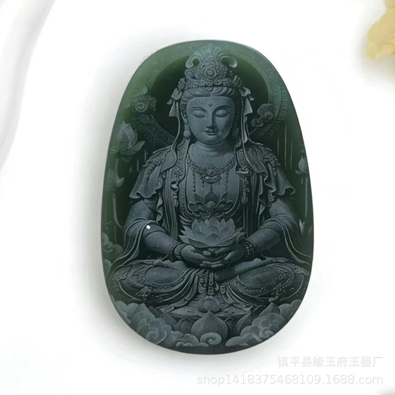 Qinghai and Hotan green Guanyin Bodhisattva pendant with laser relief landscape design, double-sided jade or