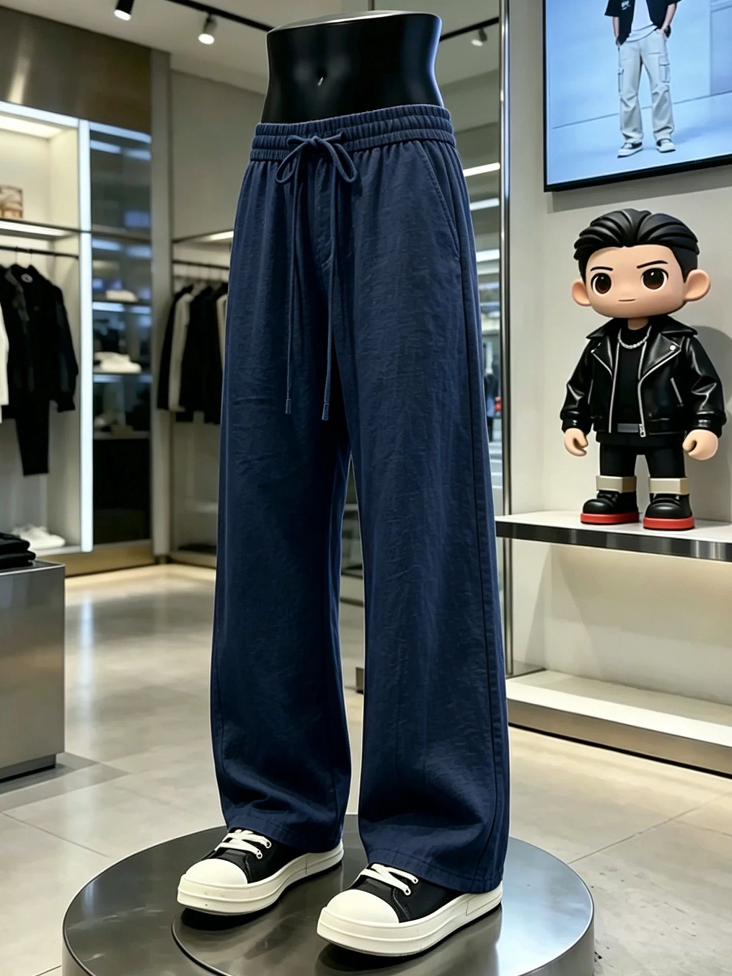 Cotton Linen Straight Leg Casual Pants Men's Summer Thin Loose Fit Comfortable Drapey High-End Feelings Dark Blue Trousers
