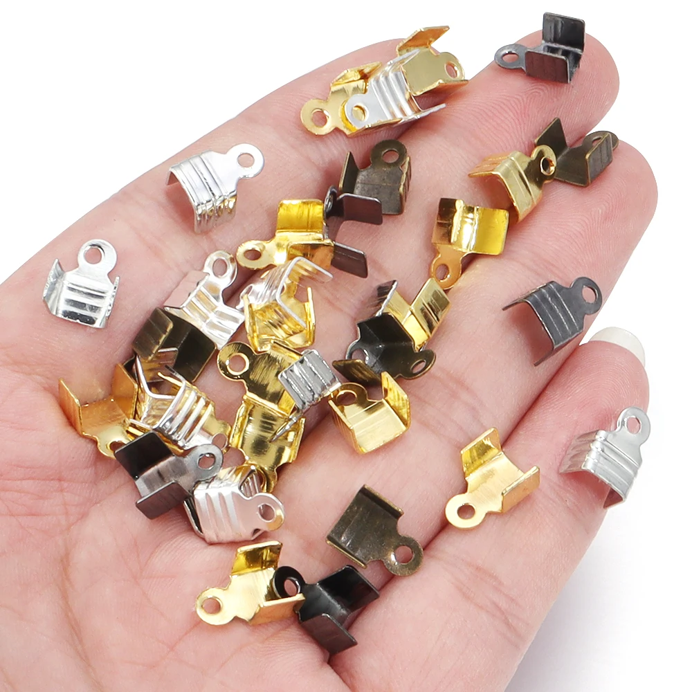 200pcs 6 7 8 10mm Trilinear Crimp Beads Cove Clasps Cord End Caps String Ribbon leather Clip Foldover For Necklace Connectors