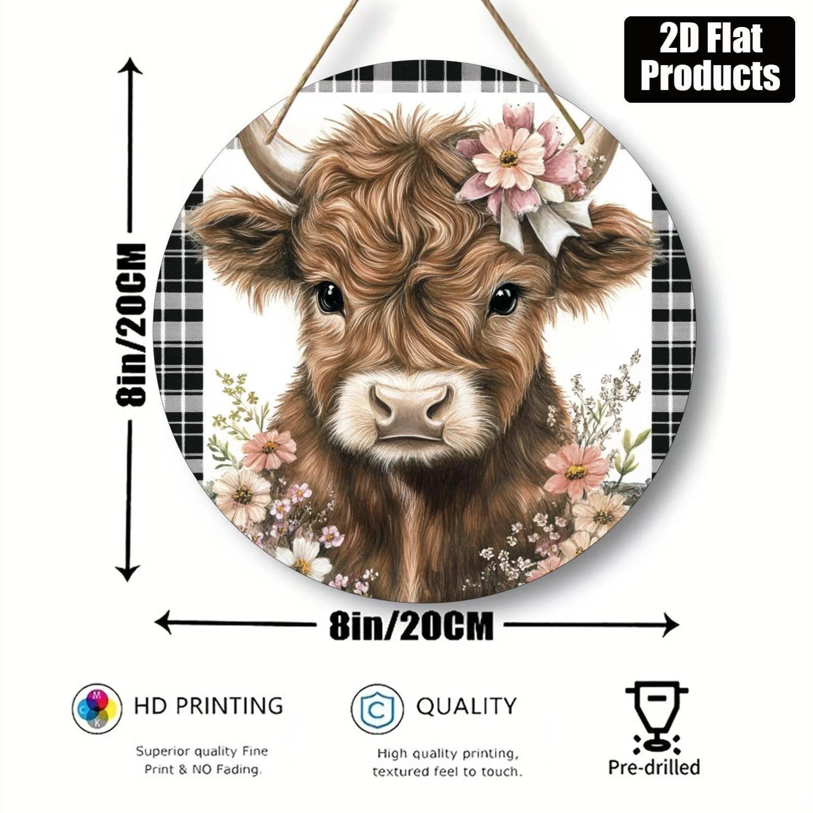 [2D Flat] 1 Highland Bull Aluminum Round Logo | 2D Printed Wall Art, 8x8 Inch, Country Farmhouse Decor for Home, Living Room, Of