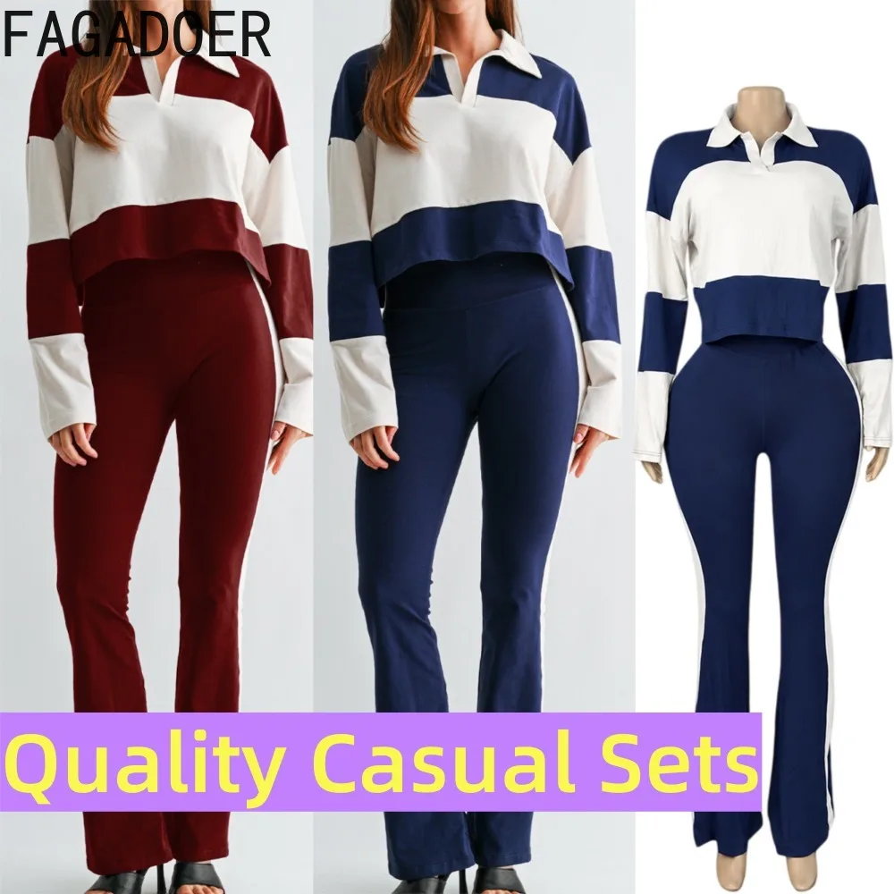 FAGADOER Women Casual Two Piece Outfit Color Block Polo Shirt Long Sleeve Top and Slim Fit Pants Matching Set Everyday Wear New