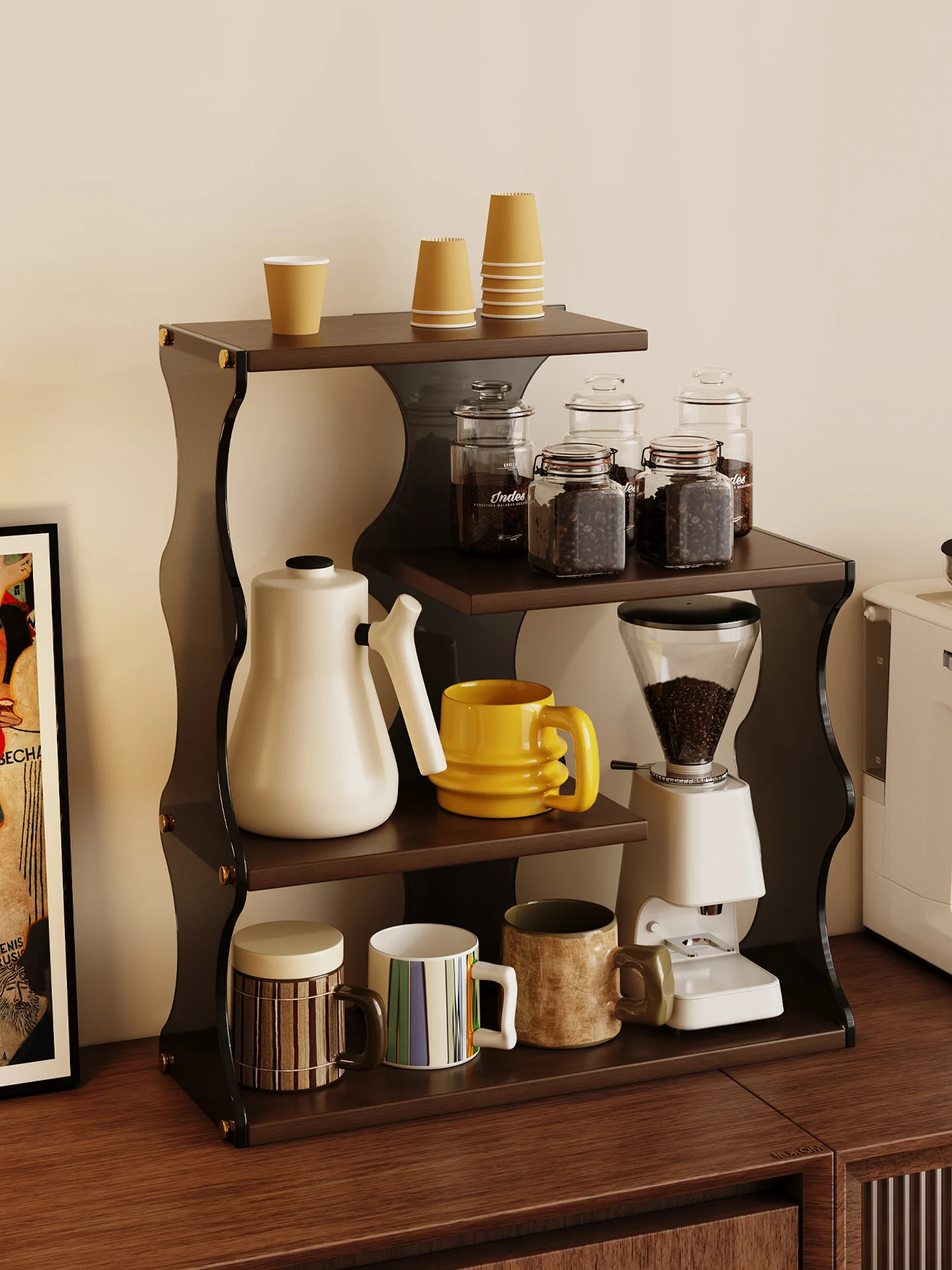 

Ele Multi-Layer Cup Holder Desktop Tabletop Coffee Cup Organizer Wood Material Embedded Installation Classic Sle