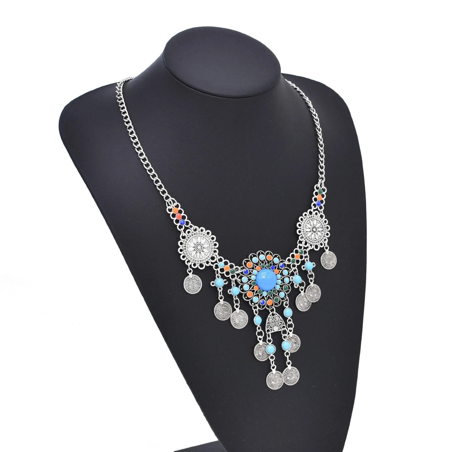 Vintage Gypsy Ethnic Coins Necklace for Women Colorful Acrylic Rhinestone Flower Boho Afghan Statement Necklaces India Jewelry