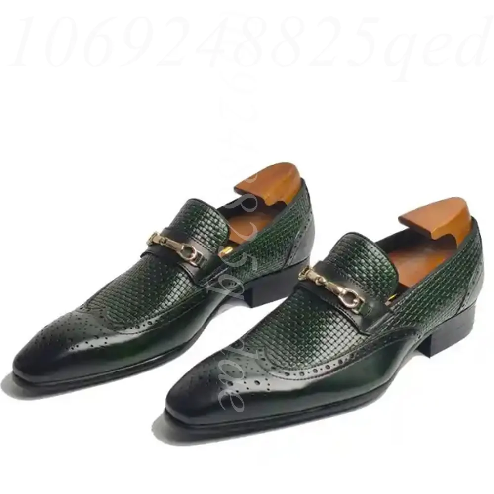 

Men's Dark Green Woven Leather Loafers, Gold Metal Buckle, Perforated Brogue Detail, Elegant Pointed Toe Slip-On Dress Shoes