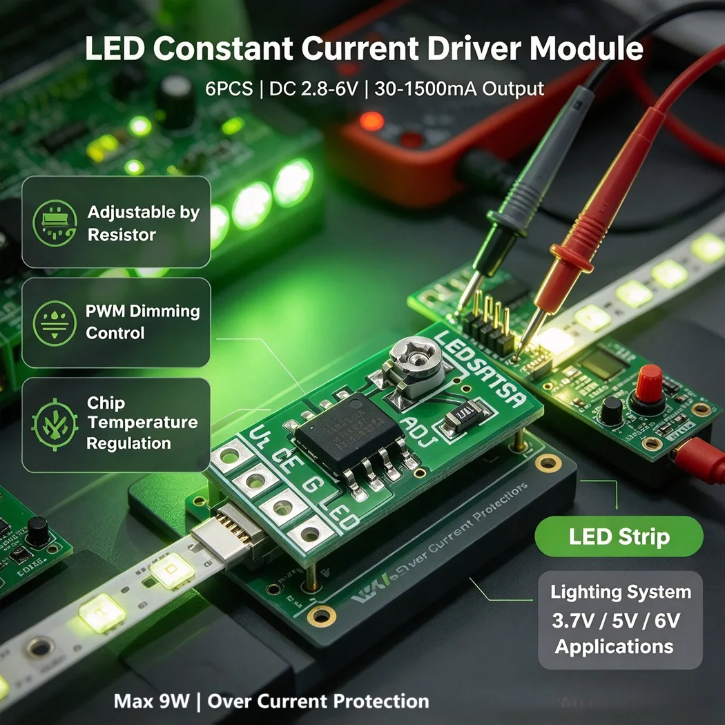 6pcs LD06AJSA/B Adjustable Constant Current LED Driver Module DC2.8-6V 30-1500mA PWM Control 9W for 1-16 LEDs