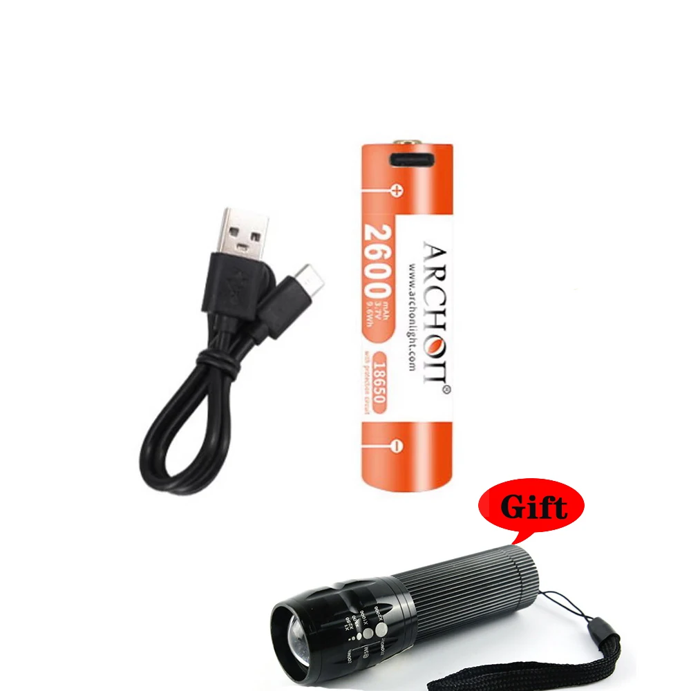 

Литий-ионная аккумуляторная батарея ARCHON 18650, аккумуляторная батарея типа C для зарядки фонарика, транспортная батарея с бесплатным фонариком