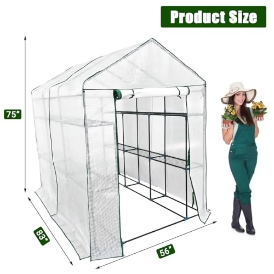 Walk-in outdoor house for protected plant garden hot house, 76'' tall, roll-up zippered door, 3-tier 12-shelf steel frame with