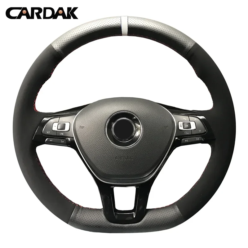 CARDAK Hand-stitched Black Carbon fiber Leather Suede Steering Wheel Cover for Volkswagen VW Golf 7 Mk7 New Polo Jetta Passat B8