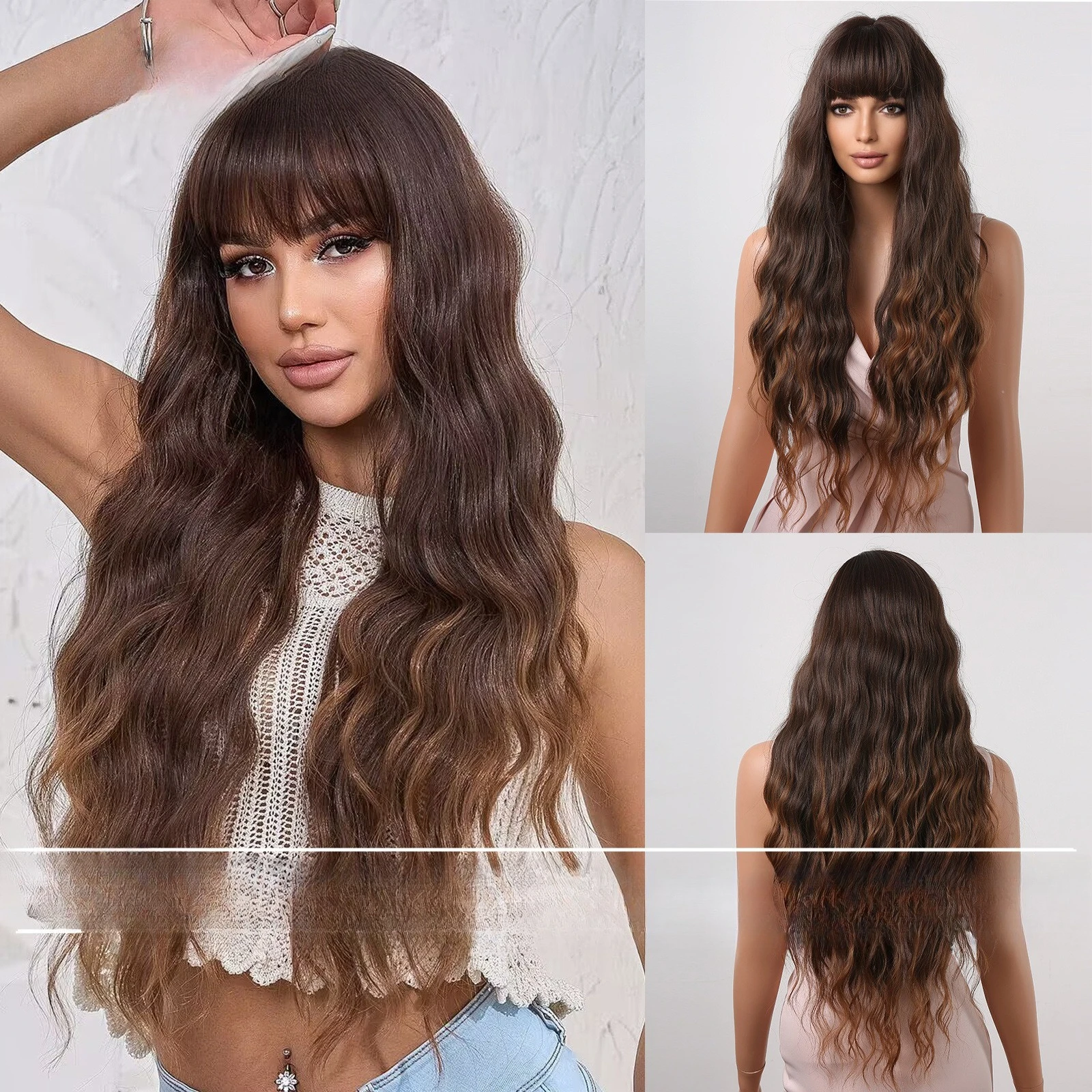 

European and American wind gradual change brown Qi bangs wool curl long curly hair fashion shows temperament high temperature