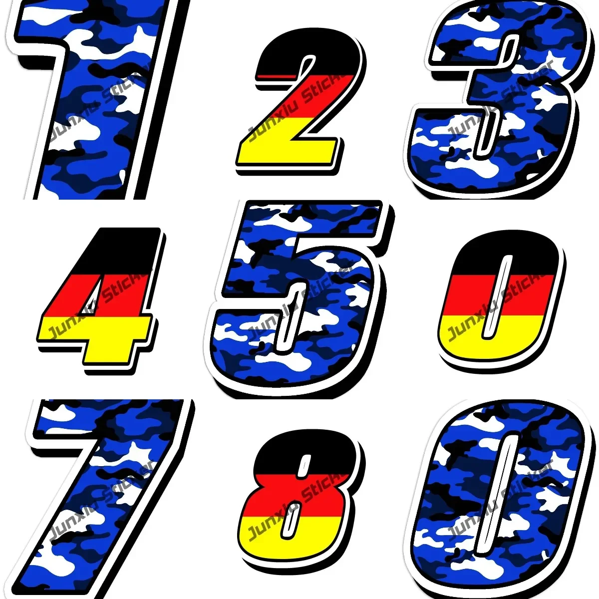 Racing Number Decals Flag of Germany Number0-9 Camo Blue Number Stickers Camouflage Cover Scratches Decals Decoration for Car