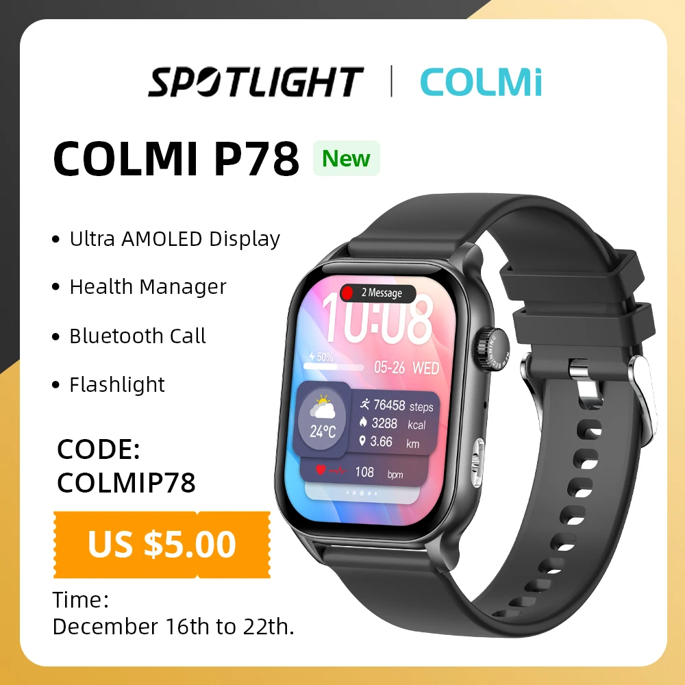 2024 COLMI P78 1.95'' HD AMOLED Smartwatch Flashlight Voice Calling 100+ Sports Modes Health Monitoring Smart Watch Men Women