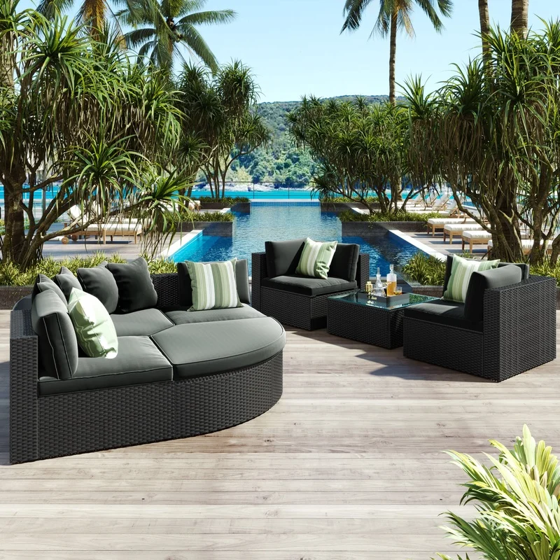 

7-Piece Outdoor Rattan Sofa Set with Green Striped Pillows, Black Wicker, Gray Cushions, Patio Garden Deck Lounge Furniture