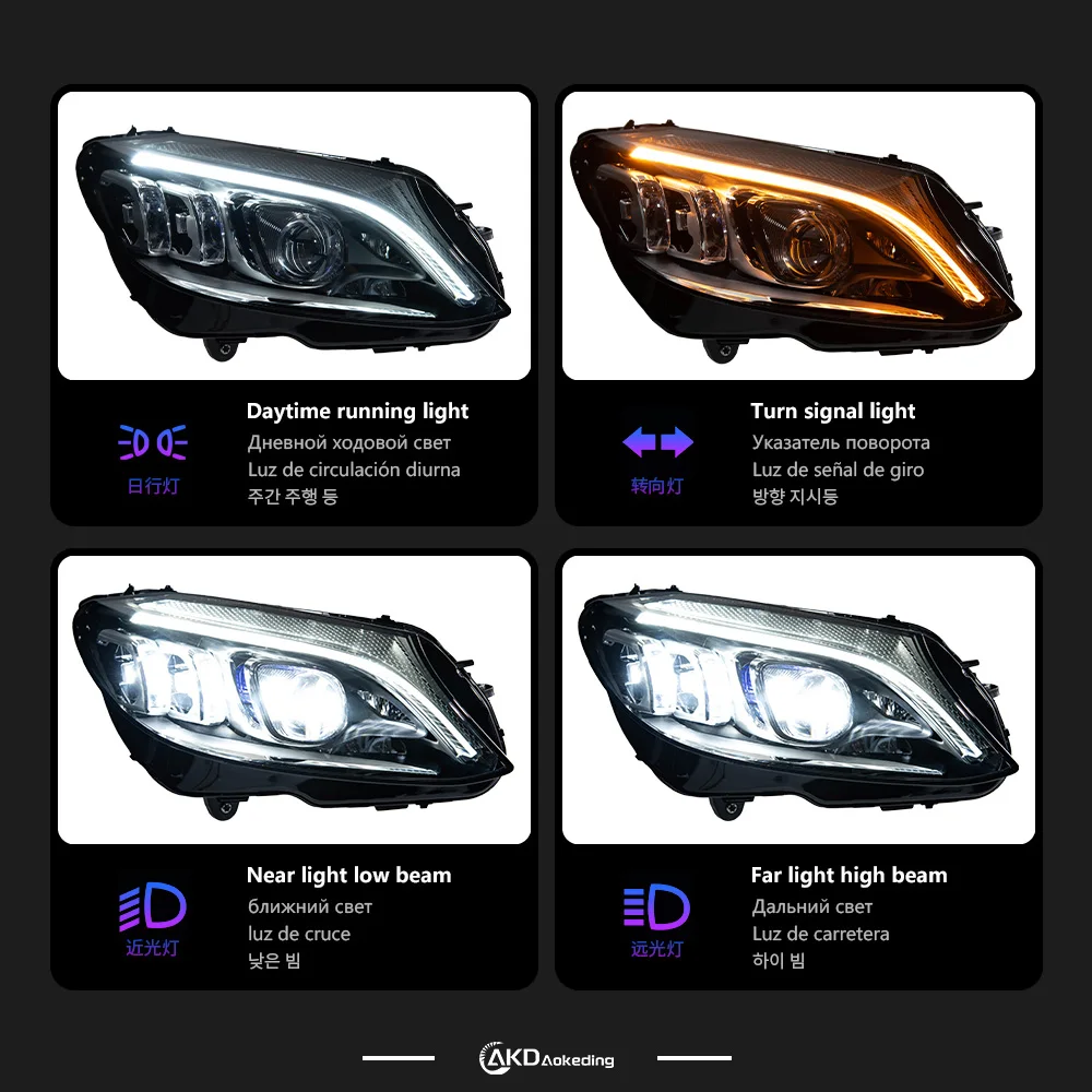 AKD Head Lamp for Benz W205 LED Headlight 2014-2020 Headlights C200 C260 C300 DRL Turn Signal High Beam Angel Eye Projector Lens