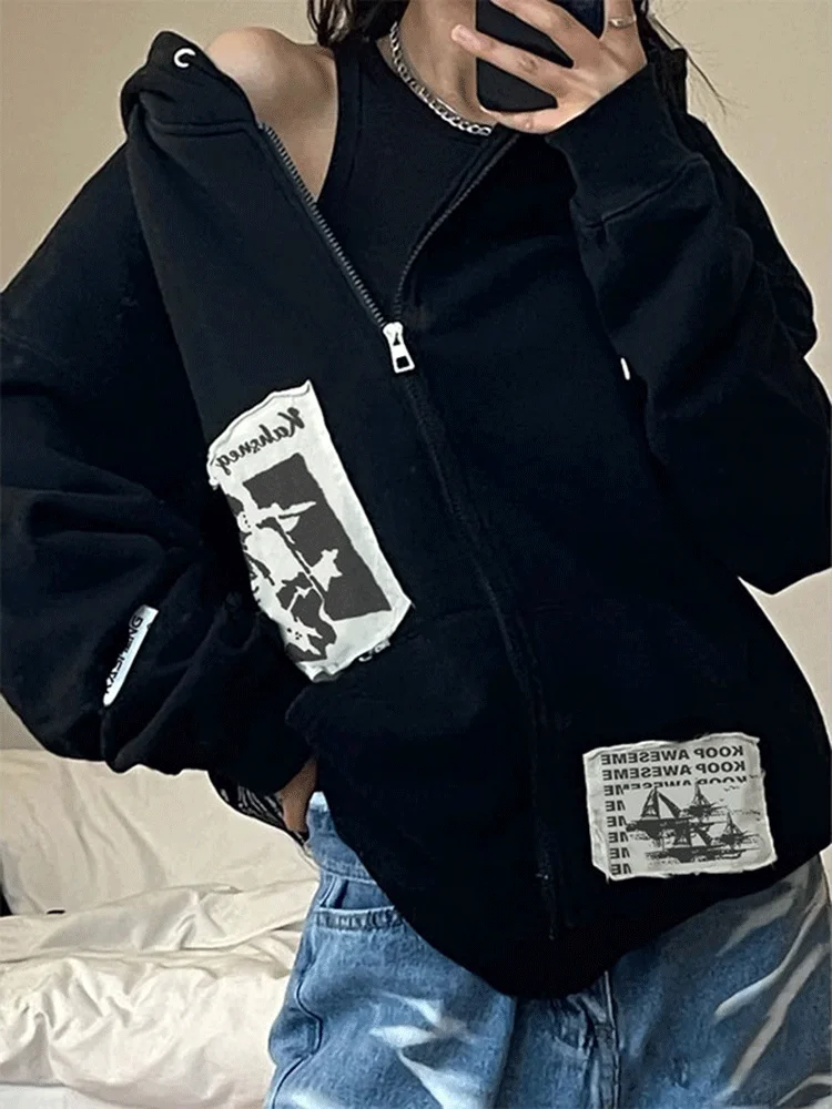 Autumn Retro Patch Zip Up Hoodies Women Fashion Harajuku Y2K Streetwear Grunge Hooded Sweatshirt Unisex Thin Loose Tops