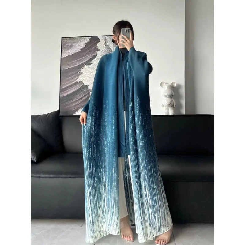 KAF Pleated Loose Large Size Women Trench Coat 2024 Spring and Fall New Lapel Long-sleeved Cardigan Retro Design Jacket Abaya